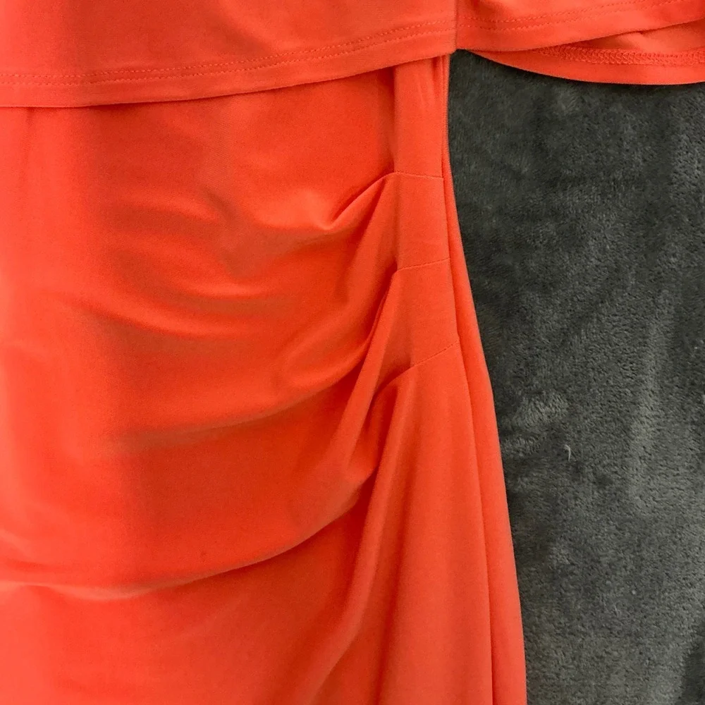 Lauren Ralph Lauren Coral Mock Neck Overlay Ruched Midi Dress Size 6 Cocktail